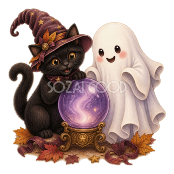 水晶玉をのぞく黒猫とおばけのハロウィンイラスト｜無料素材95093