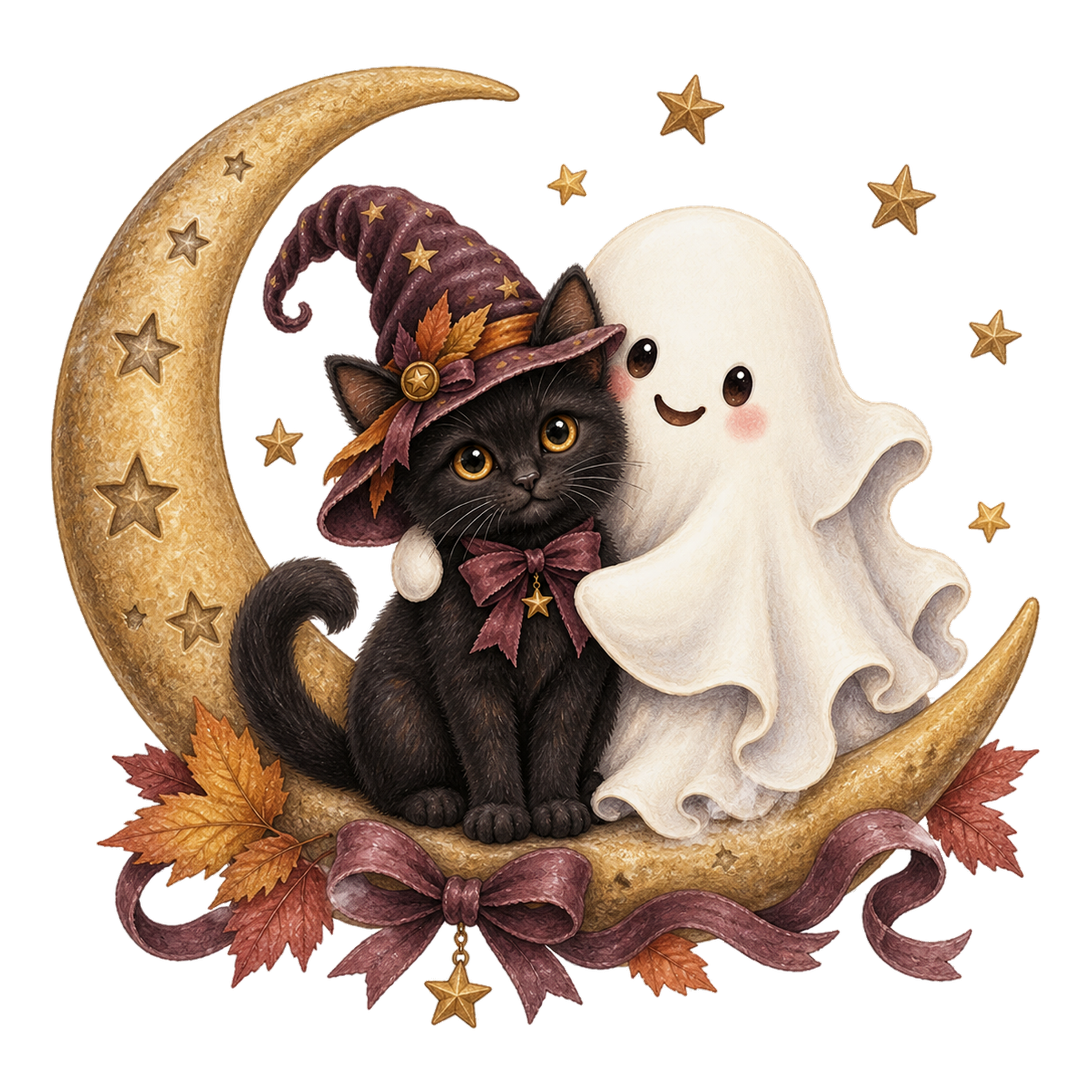 三日月に座る黒猫とおばけのハロウィンイラスト｜無料素材95094に写真・文字を入れる