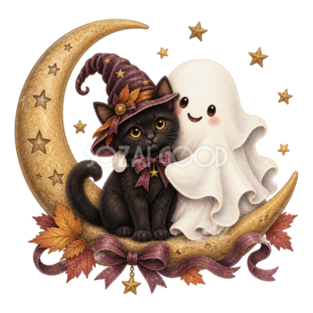 三日月に座る黒猫とおばけのハロウィンイラスト｜無料素材95094