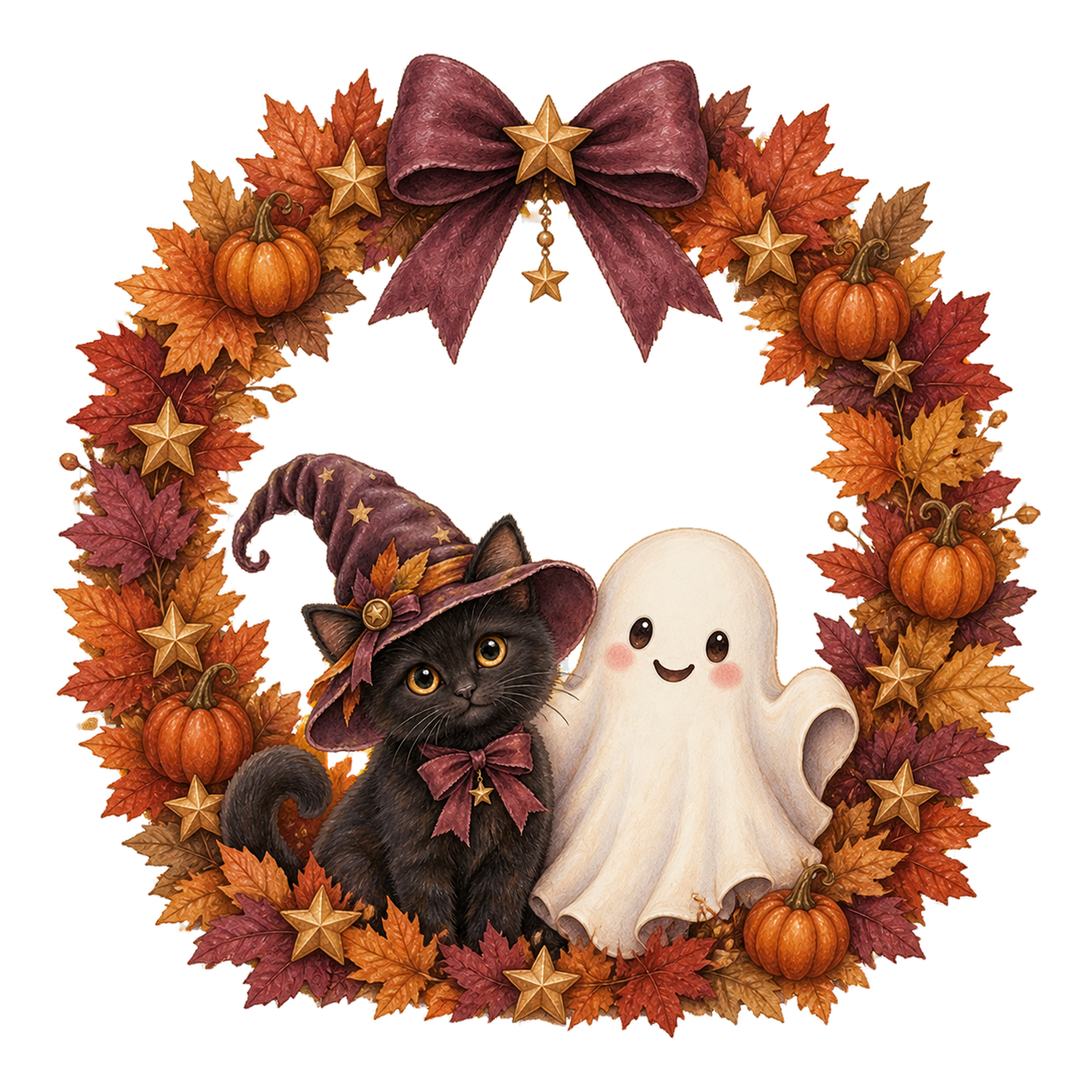 秋色リースと黒猫とおばけのハロウィンイラスト｜無料素材95095に写真・文字を入れる