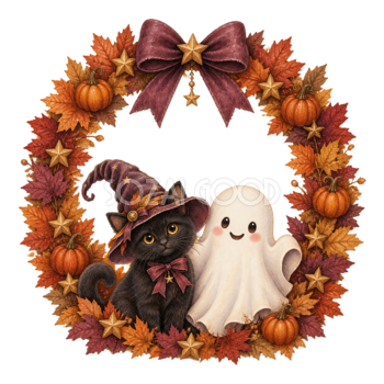 秋色リースと黒猫とおばけのハロウィンイラスト｜無料素材95095