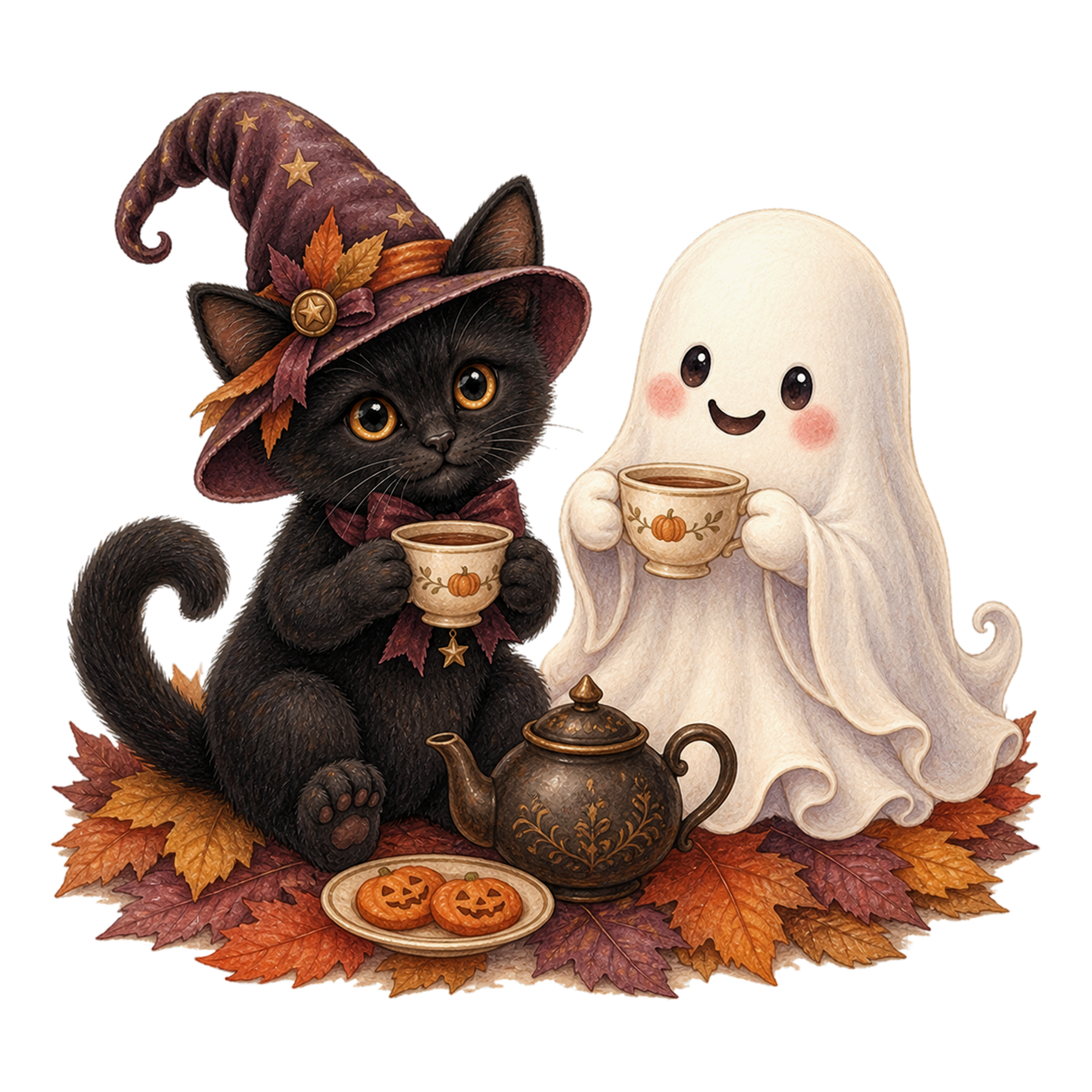 お茶会を楽しむ黒猫とおばけのハロウィンイラスト｜無料素材95097に写真・文字を入れる