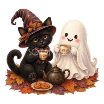 お茶会を楽しむ黒猫とおばけのハロウィンイラスト｜無料素材95097