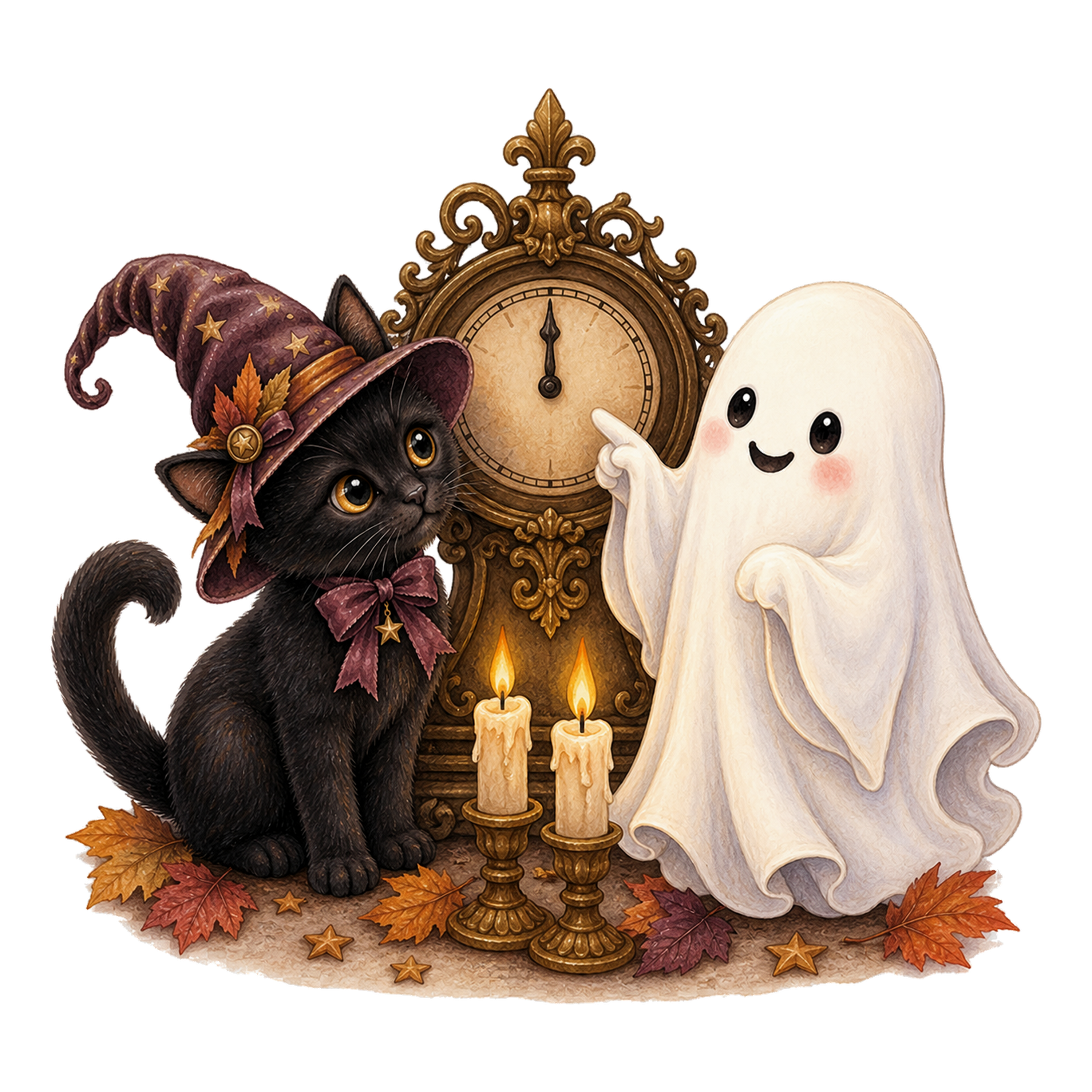 真夜中の時計と黒猫とおばけのハロウィンイラスト｜無料素材95100に写真・文字を入れる