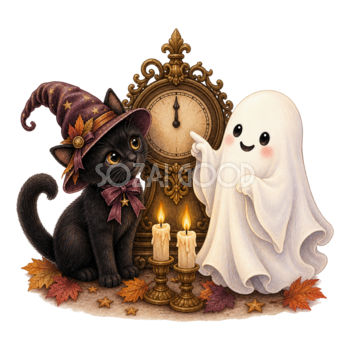 真夜中の時計と黒猫とおばけのハロウィンイラスト｜無料素材95100