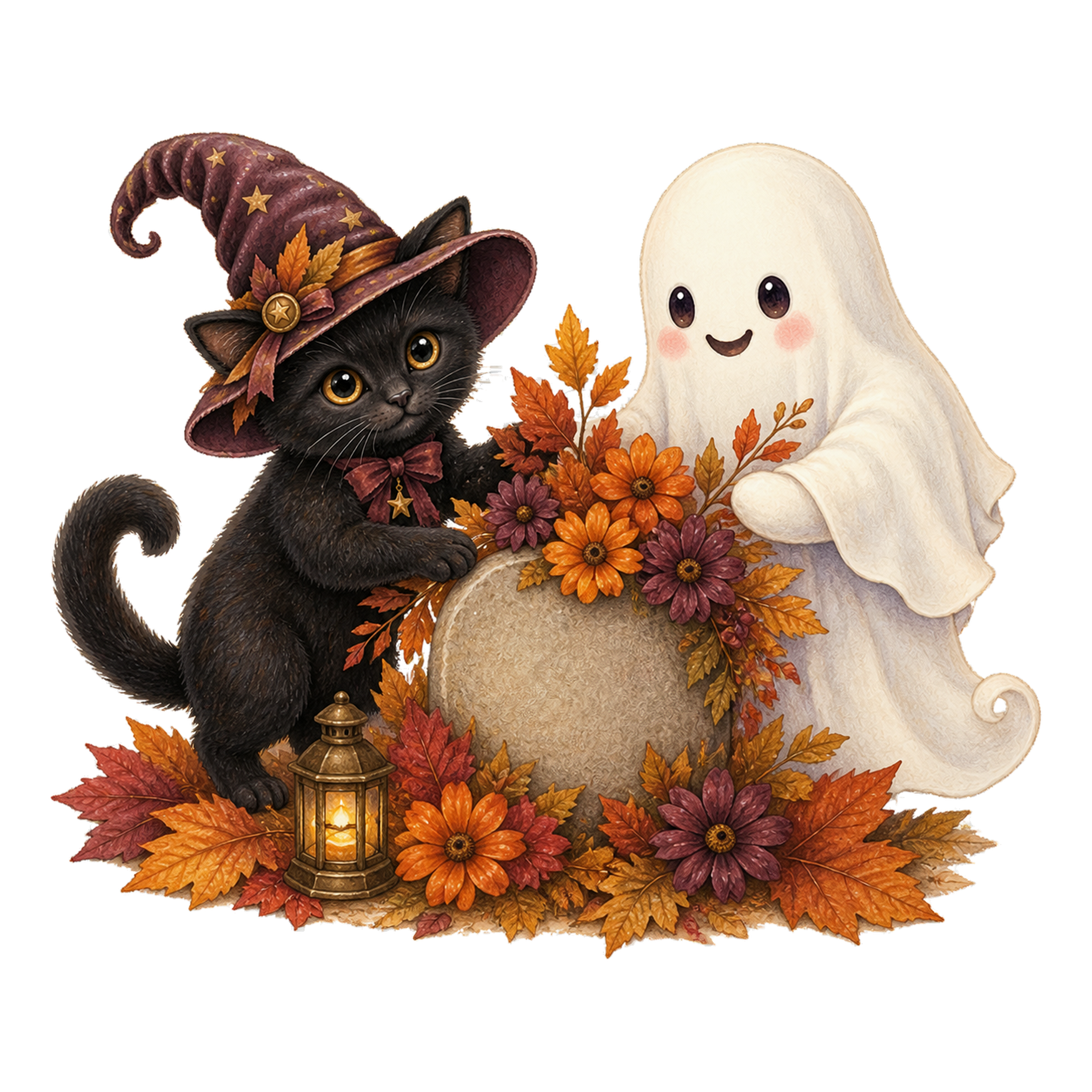 秋の花を飾る黒猫とおばけのハロウィンイラスト｜無料素材95101に写真・文字を入れる