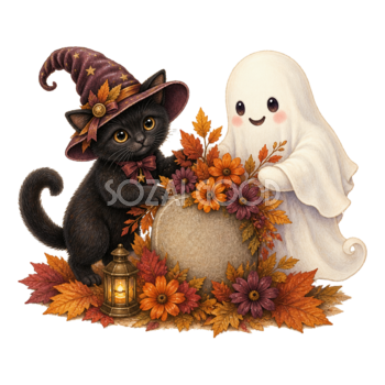 秋の花を飾る黒猫とおばけのハロウィンイラスト｜無料素材95101