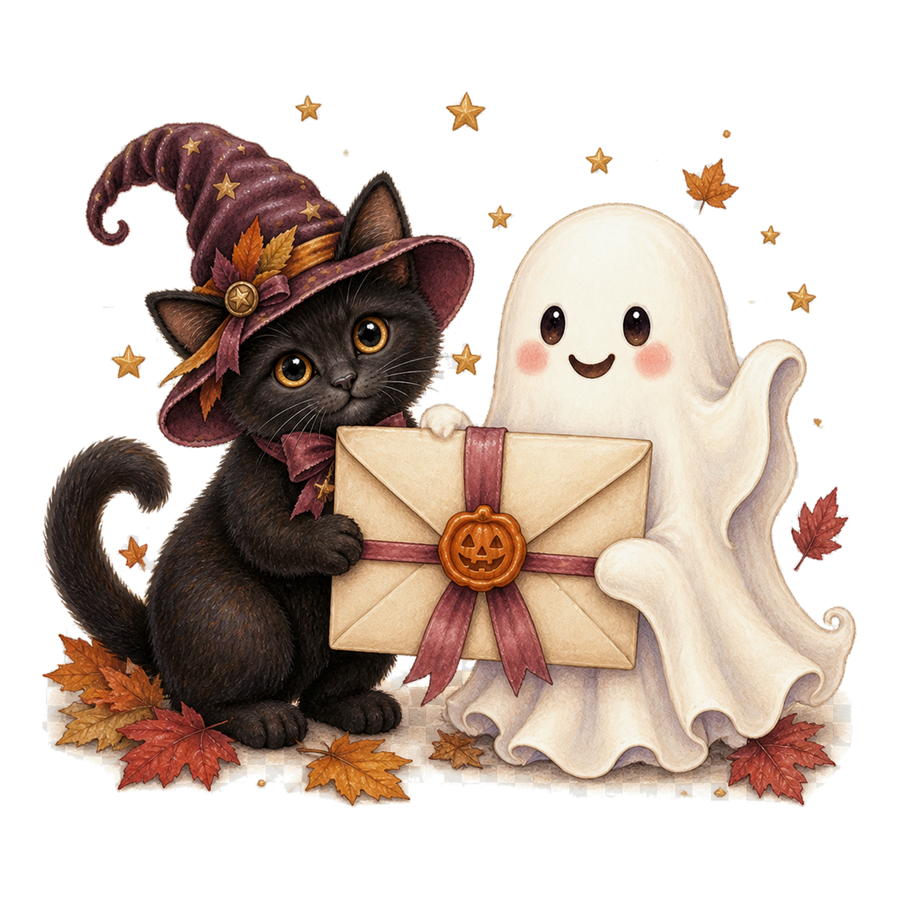 招待状を持つ黒猫とおばけのハロウィンイラスト｜無料素材95102に写真・文字を入れる