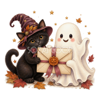 招待状を持つ黒猫とおばけのハロウィンイラスト｜無料素材95102