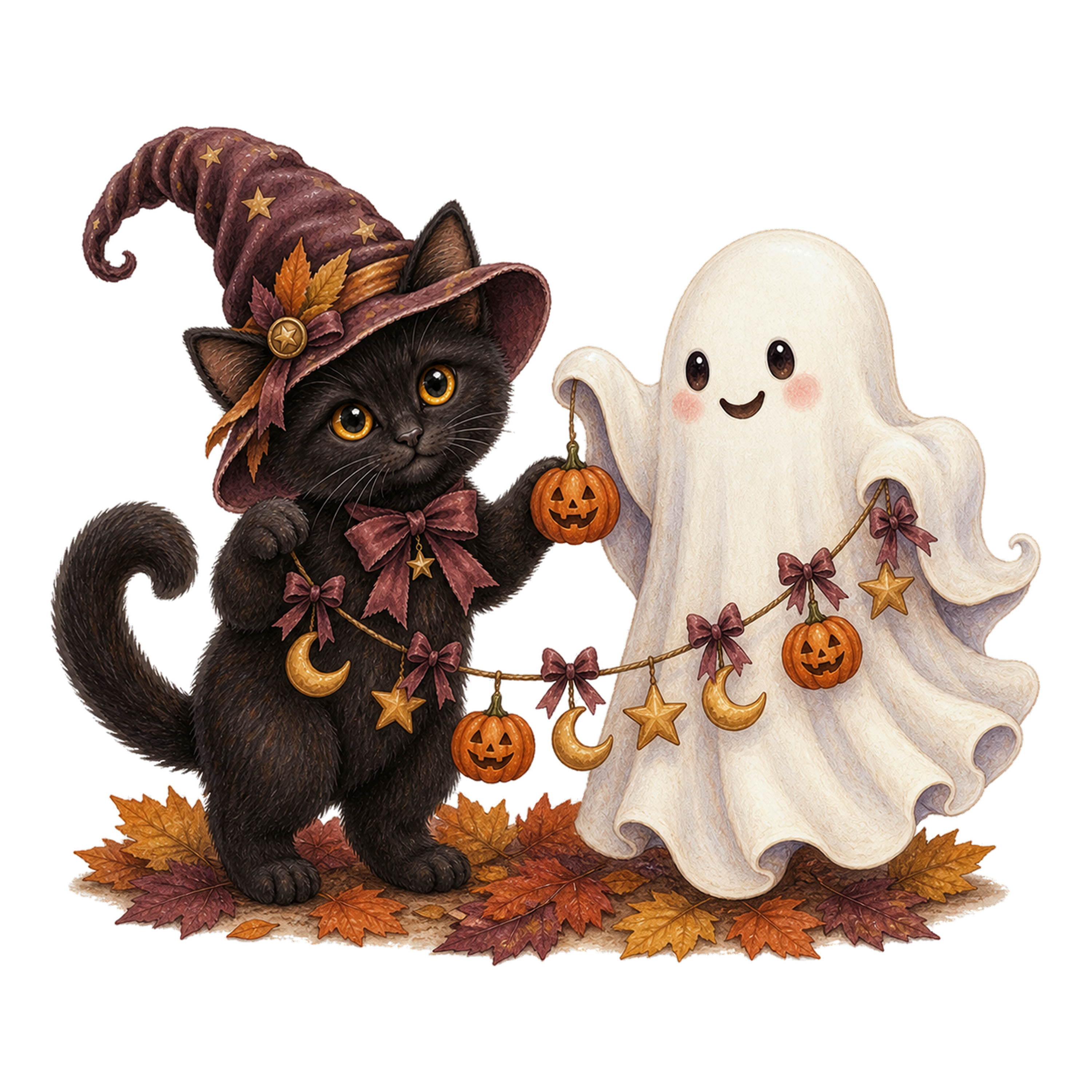 ガーランドを飾る黒猫とおばけのハロウィンイラスト｜無料素材95103に写真・文字を入れる