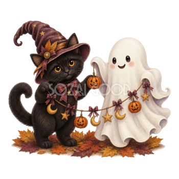 ガーランドを飾る黒猫とおばけのハロウィンイラスト｜無料素材95103
