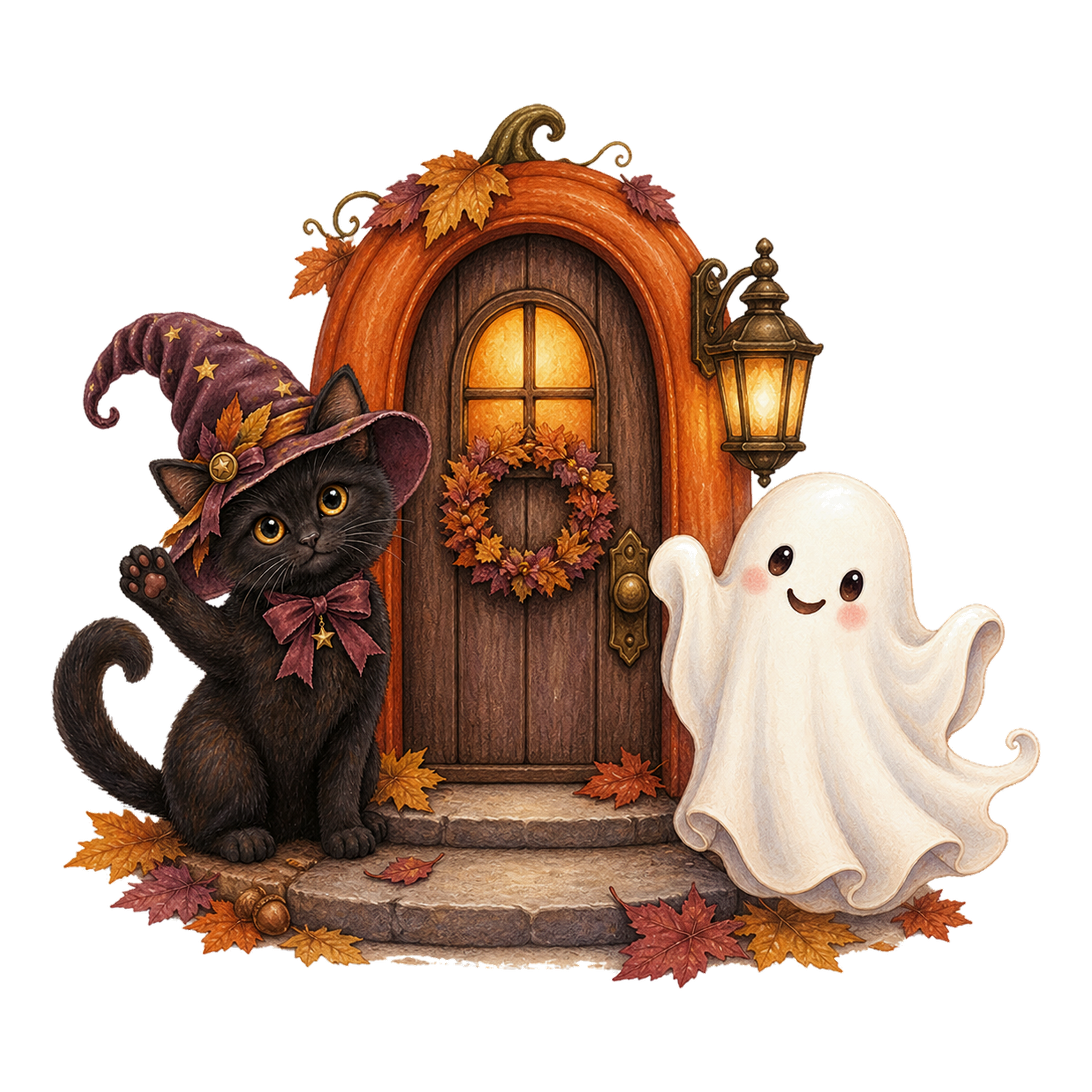 かぼちゃ色の扉と黒猫とおばけのハロウィンイラスト｜無料素材95104に写真・文字を入れる