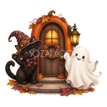 かぼちゃ色の扉と黒猫とおばけのハロウィンイラスト｜無料素材95104