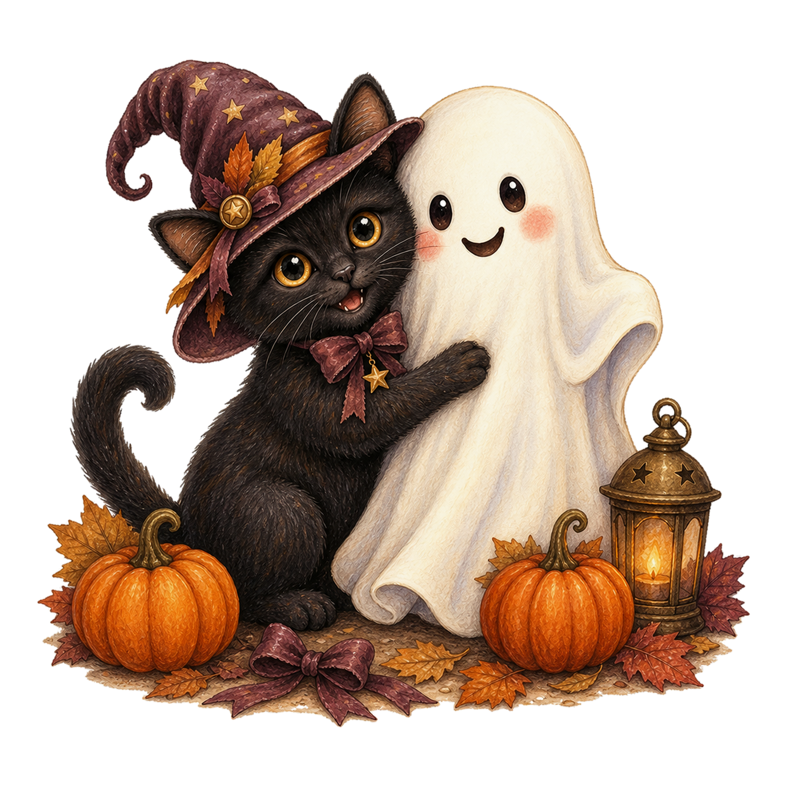 仲良く抱き合う黒猫とおばけのハロウィンイラスト｜無料素材95105に写真・文字を入れる