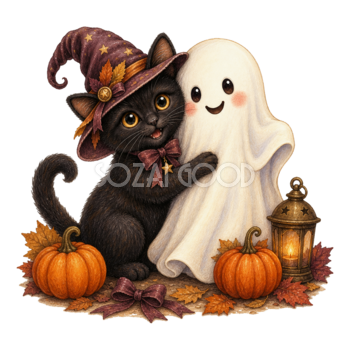 仲良く抱き合う黒猫とおばけのハロウィンイラスト｜無料素材95105