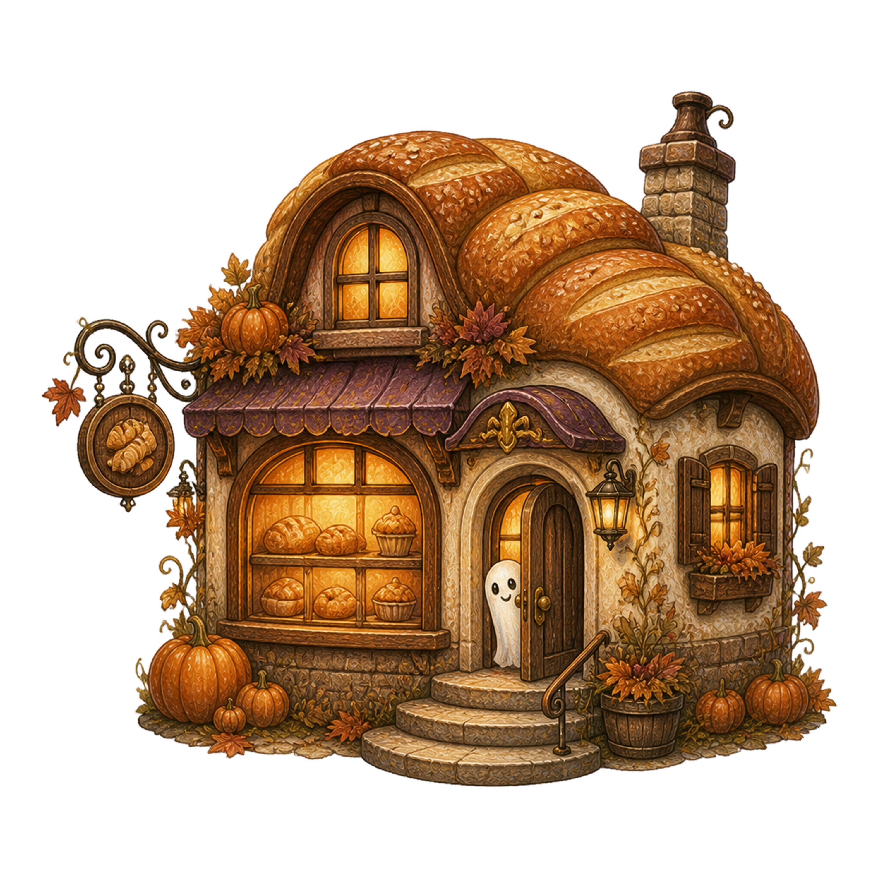 おばけの小さなパン屋さんのハロウィンイラスト｜かわいい店舗素材95129に写真・文字を入れる