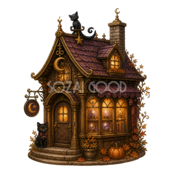 黒猫の魔法雑貨店のハロウィンイラスト｜アンティークなお店素材95130