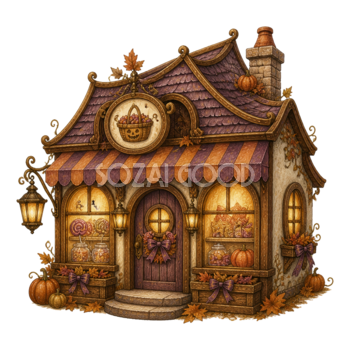 ハロウィンのお菓子屋さんイラスト｜かわいい小さなお店素材95132