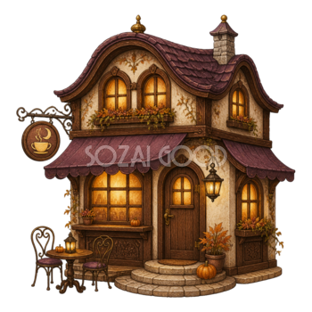 ハロウィンの夜の小さなカフェイラスト｜秋のお店素材95133