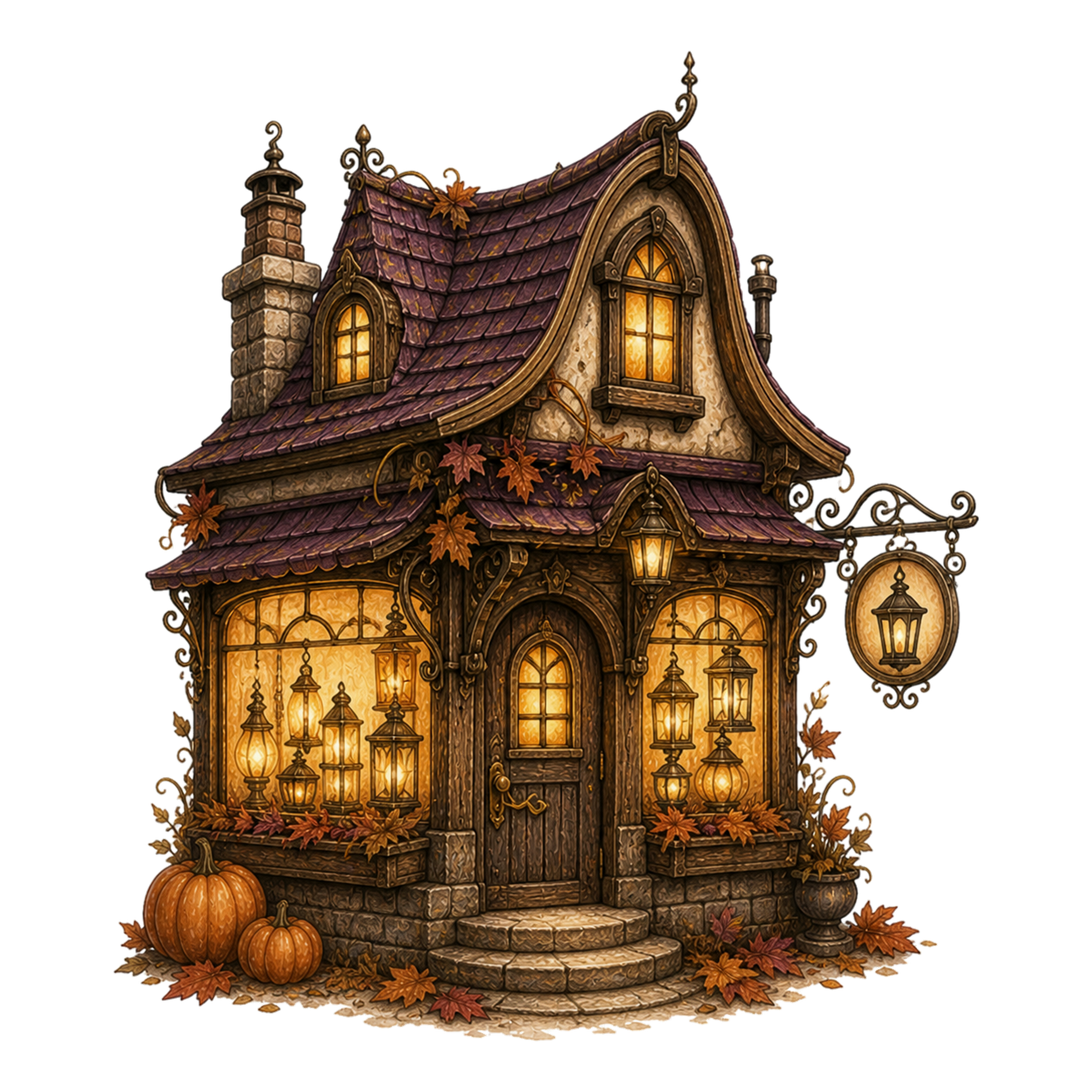 アンティークランタンのお店のハロウィンイラスト｜灯りの店舗素材95135に写真・文字を入れる
