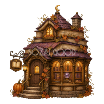 魔法の古本屋さんのハロウィンイラスト｜本とお店の素材95136