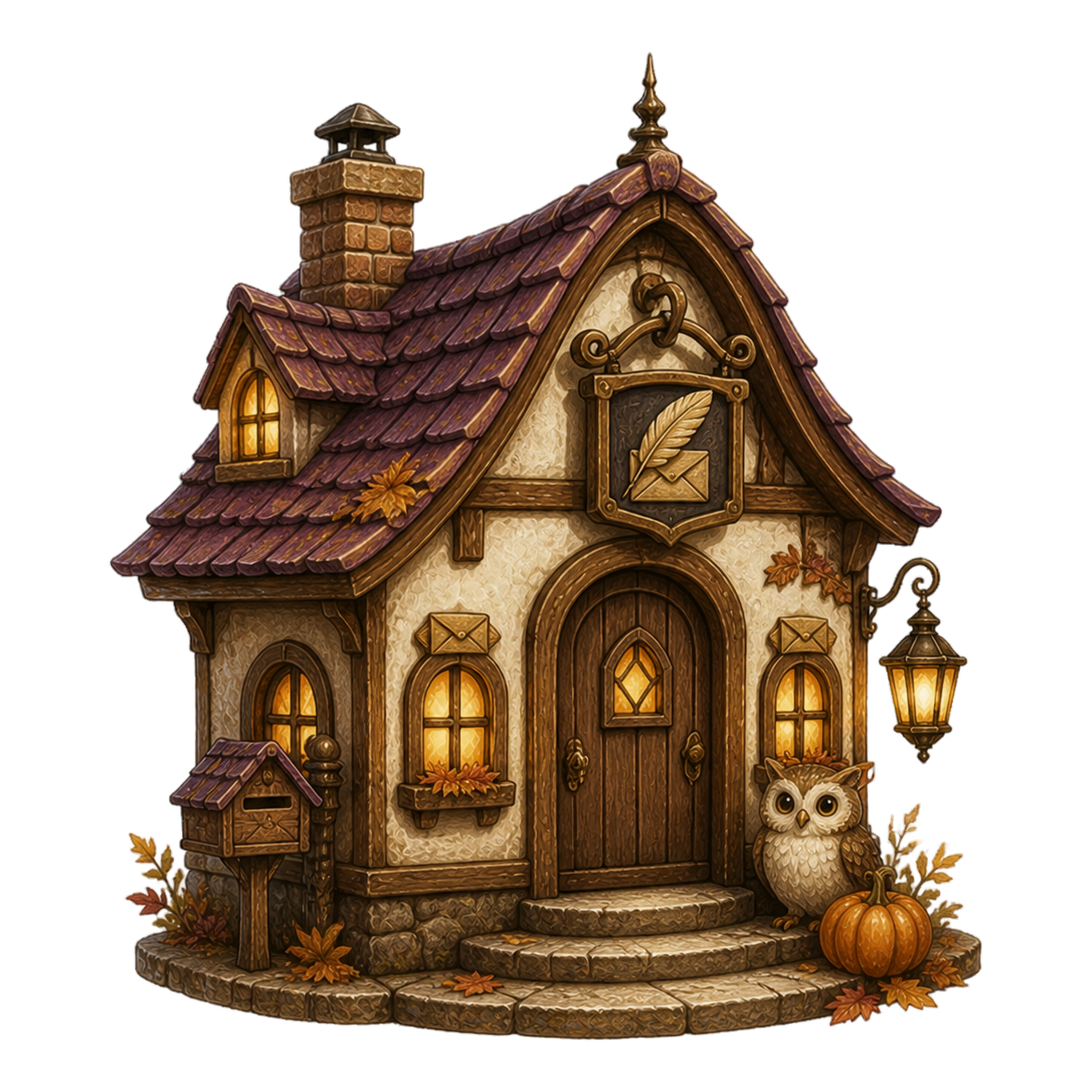 ふくろうの小さな郵便局のハロウィンイラスト｜秋の建物素材95138に写真・文字を入れる