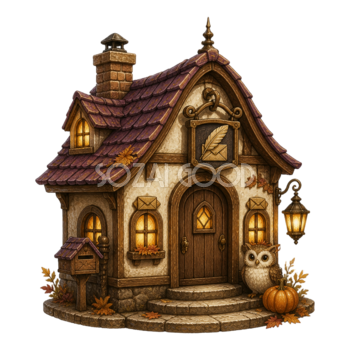 ふくろうの小さな郵便局のハロウィンイラスト｜秋の建物素材95138