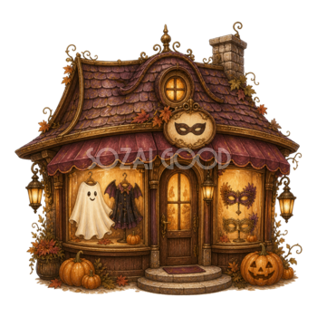 仮装とお面のお店のハロウィンイラスト｜かわいい店舗素材95139