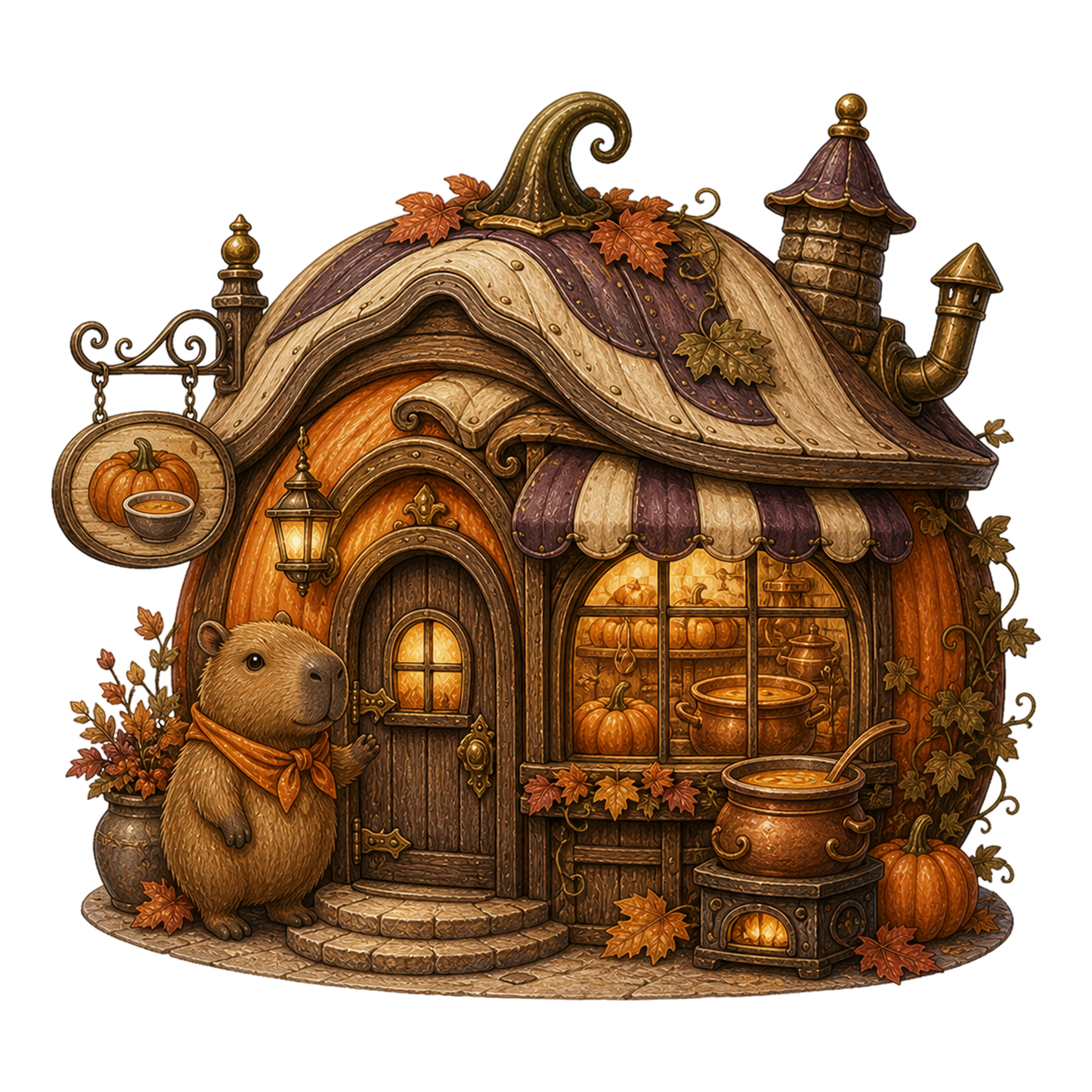 カピバラのかぼちゃスープ店イラスト｜かわいいハロウィン素材95142に写真・文字を入れる