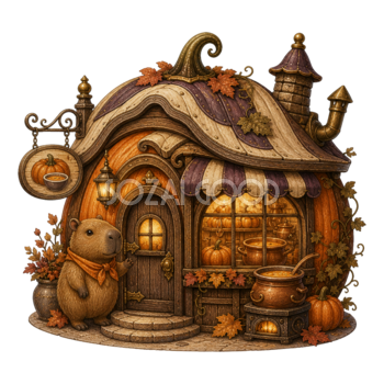 カピバラのかぼちゃスープ店イラスト｜かわいいハロウィン素材95142
