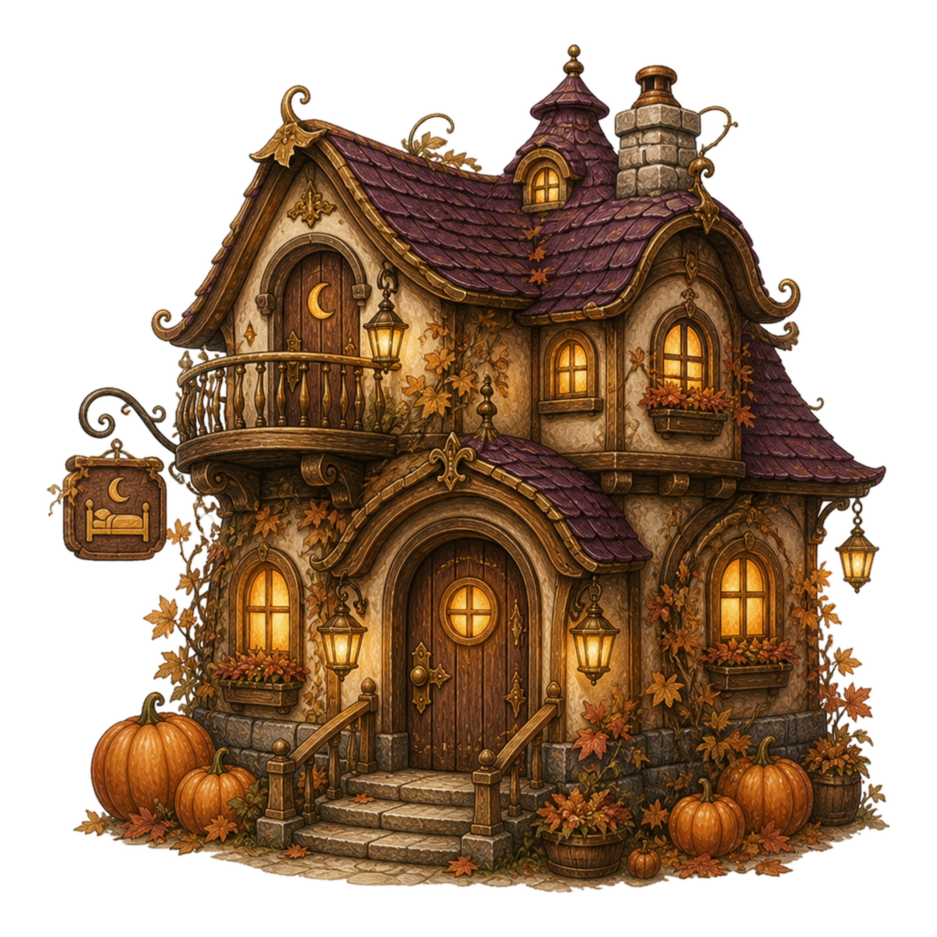 月明かりの小さな宿のハロウィンイラスト｜秋の建物素材95144に写真・文字を入れる