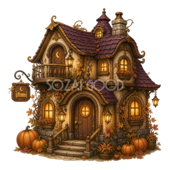 月明かりの小さな宿のハロウィンイラスト｜秋の建物素材95144