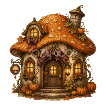 きのことかぼちゃの小さなお家イラスト｜かわいいハロウィン素材95145