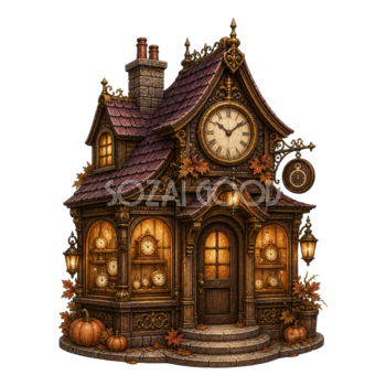 アンティーク時計店のハロウィンイラスト｜時計のある建物素材95146