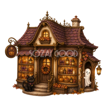 黒猫とおばけの小さな雑貨店イラスト｜かわいいハロウィン素材95147