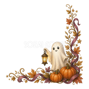 おばけとランタンのハロウィンコーナー飾りイラスト95151