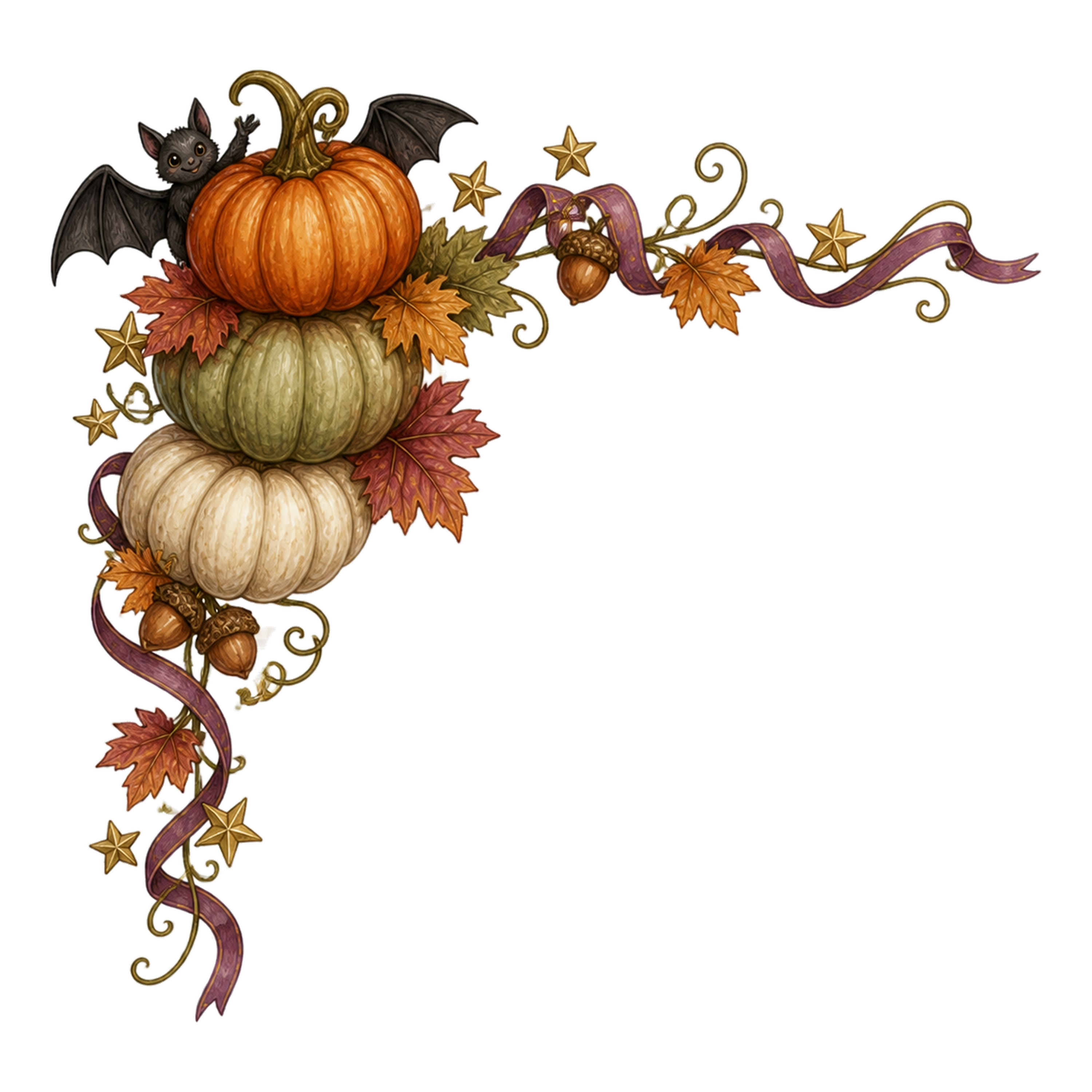かぼちゃの積み飾りとこうもりのハロウィンコーナーイラスト95160に写真・文字を入れる