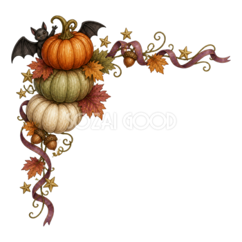 かぼちゃの積み飾りとこうもりのハロウィンコーナーイラスト95160