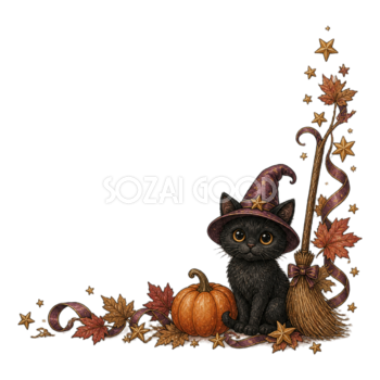 黒猫とほうきのハロウィンコーナー飾りイラスト95165