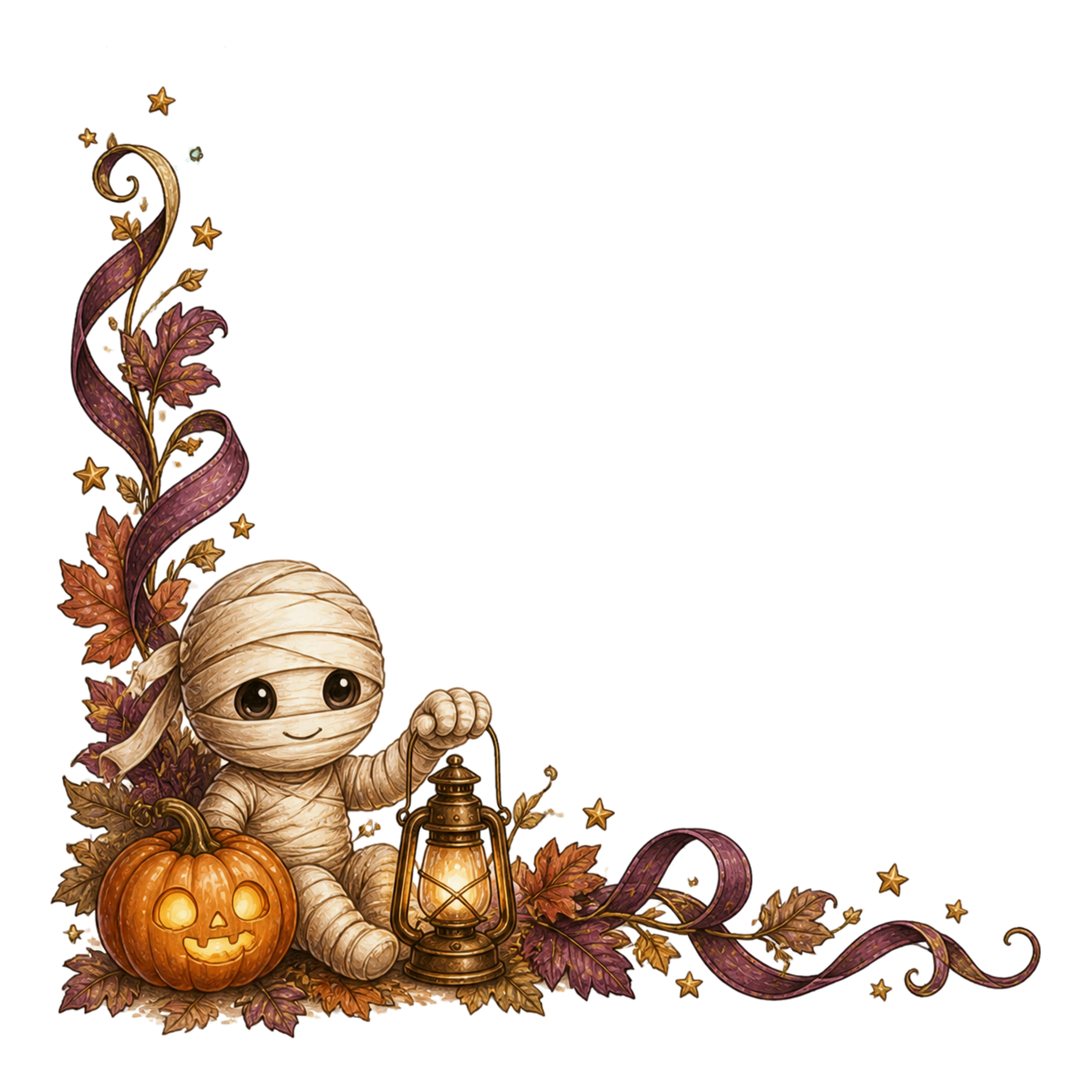 ミイラとかぼちゃランタンのハロウィンコーナー飾りイラスト95167に写真・文字を入れる