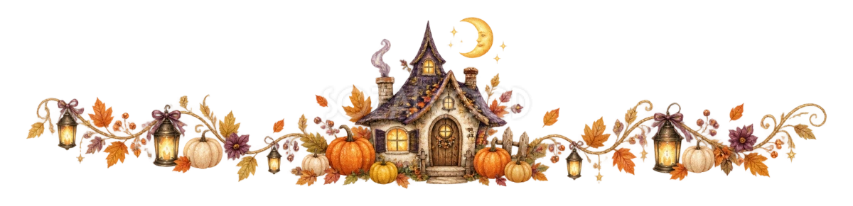 小さなお化け屋敷と月のハロウィン区切り線・ラインイラスト95185