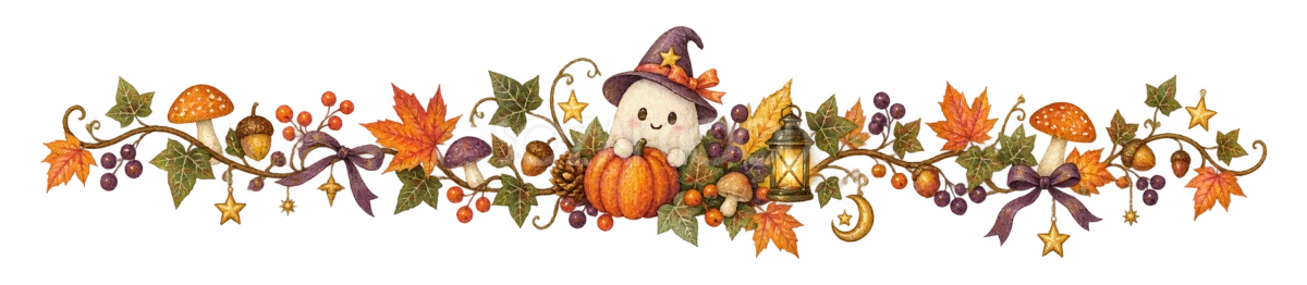 きのこと小さなおばけのハロウィン区切り線・ラインイラスト95186
