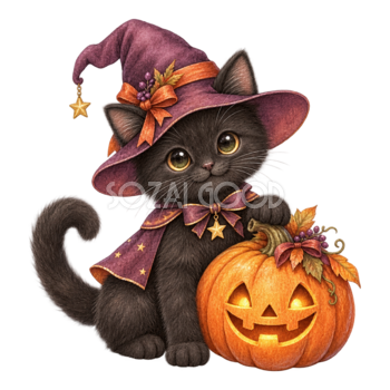 魔女帽子の黒猫とかぼちゃランタンのハロウィンイラスト95192