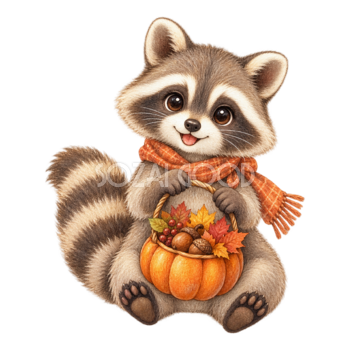 かぼちゃバスケットを持つアライグマのハロウィンイラスト95198