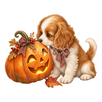 かぼちゃランタンと子犬のかわいいハロウィンイラスト95200
