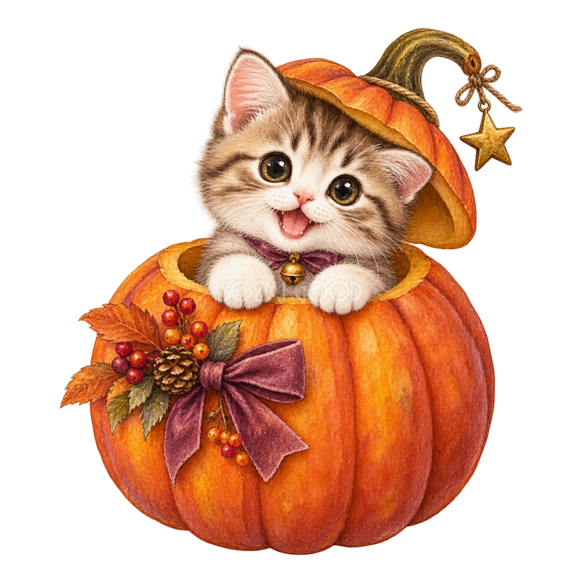 かぼちゃから顔を出す子猫のかわいいハロウィンイラスト95201