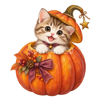 かぼちゃから顔を出す子猫のかわいいハロウィンイラスト95201