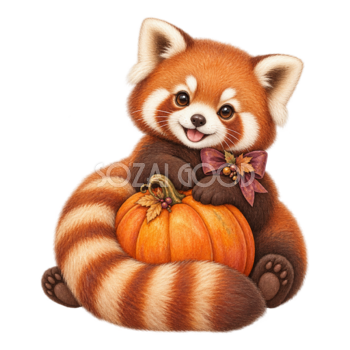 かぼちゃを抱えるレッサーパンダのハロウィンイラスト95206