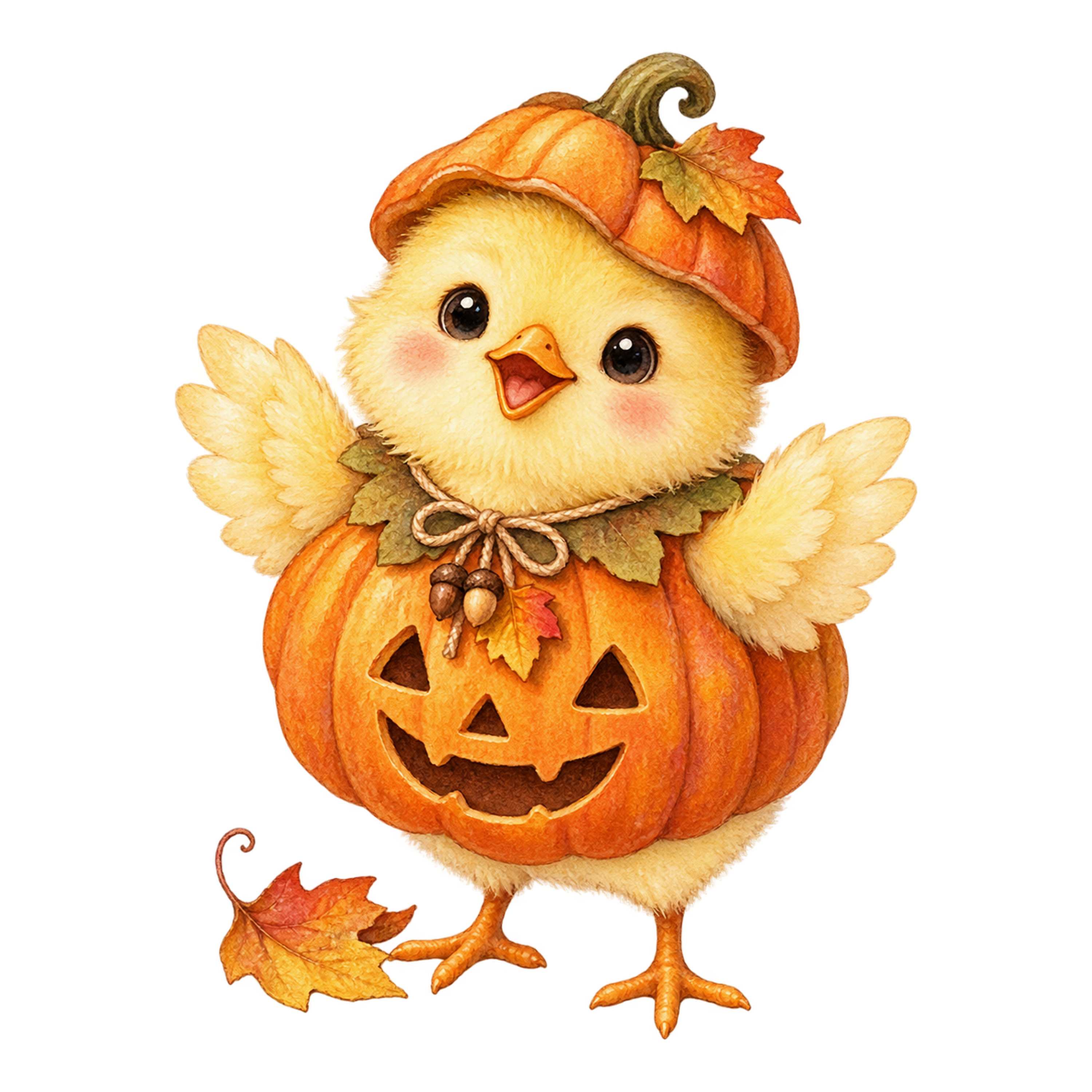かぼちゃ衣装を着たひよこのかわいいハロウィンイラスト95208に写真・文字を入れる