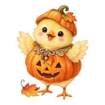 かぼちゃ衣装を着たひよこのかわいいハロウィンイラスト95208
